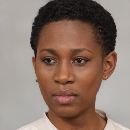 Neutral black young-adult female with short  black hair and brown eyes