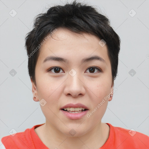 Joyful asian young-adult female with short  brown hair and brown eyes