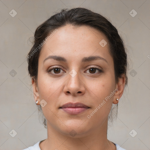 Joyful white young-adult female with medium  brown hair and brown eyes