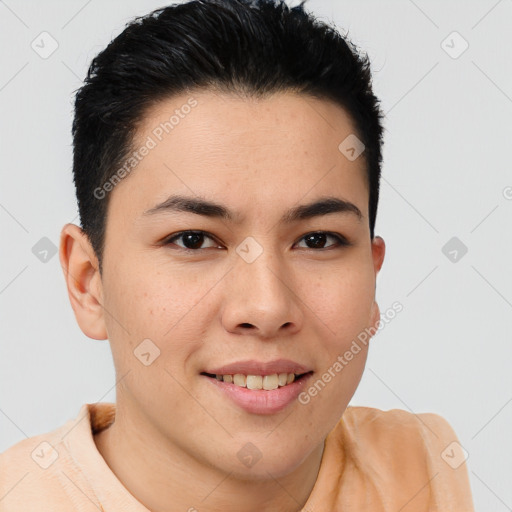 Joyful asian young-adult female with short  brown hair and brown eyes