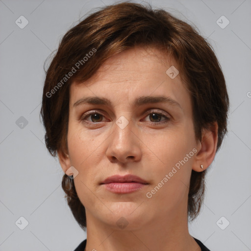 Neutral white young-adult female with medium  brown hair and brown eyes