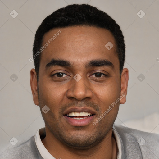 Joyful black young-adult male with short  black hair and brown eyes
