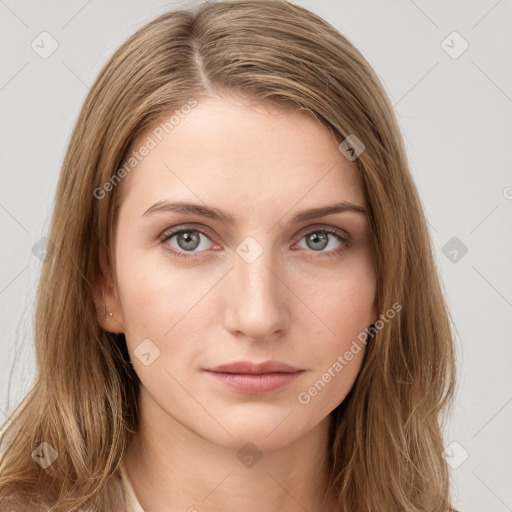 Neutral white young-adult female with long  brown hair and grey eyes