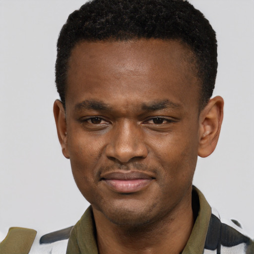 Joyful latino young-adult male with short  brown hair and brown eyes