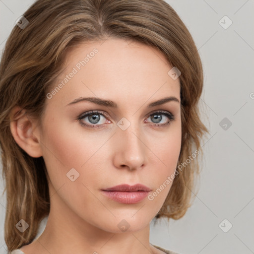 Neutral white young-adult female with medium  brown hair and grey eyes