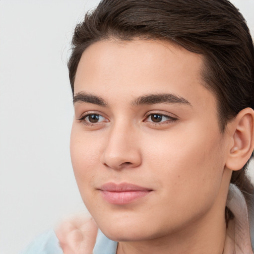 Joyful white young-adult male with medium  brown hair and brown eyes