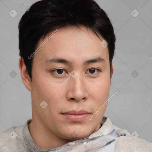 Neutral asian young-adult male with short  brown hair and brown eyes