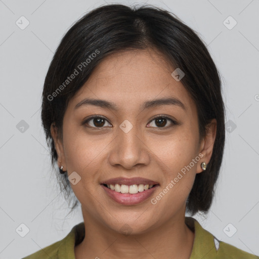 Joyful asian young-adult female with medium  brown hair and brown eyes