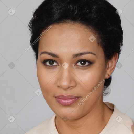 Joyful latino young-adult female with short  brown hair and brown eyes