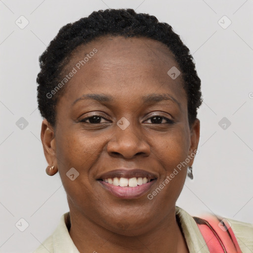 Joyful black young-adult female with short  brown hair and brown eyes