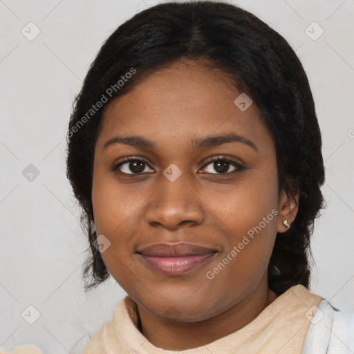 Joyful black young-adult female with medium  black hair and brown eyes