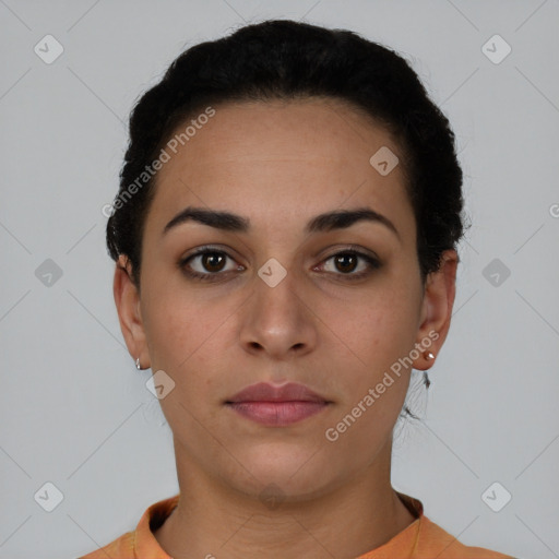 Neutral asian young-adult female with short  brown hair and brown eyes