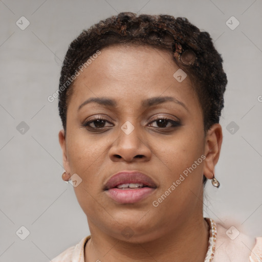 Joyful black young-adult female with short  brown hair and brown eyes