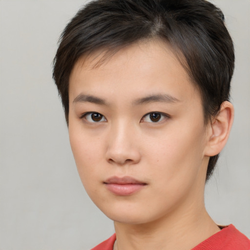 Neutral asian young-adult female with short  brown hair and brown eyes