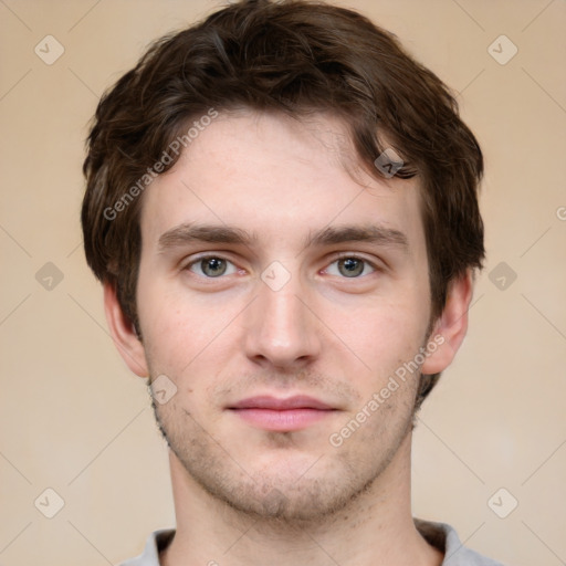 Neutral white young-adult male with short  brown hair and grey eyes