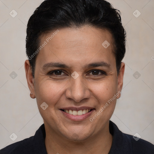 Joyful white adult female with short  brown hair and brown eyes