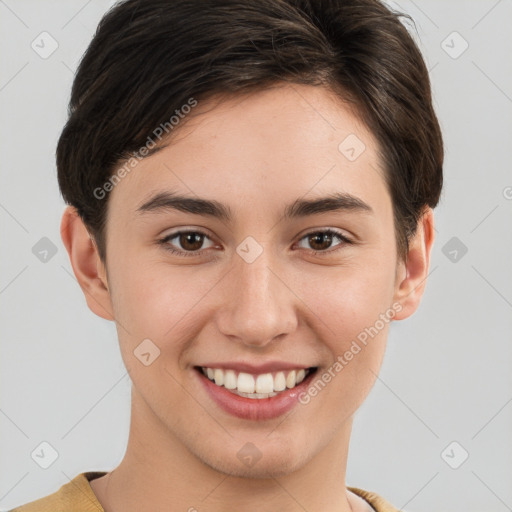 Joyful white young-adult female with short  brown hair and brown eyes