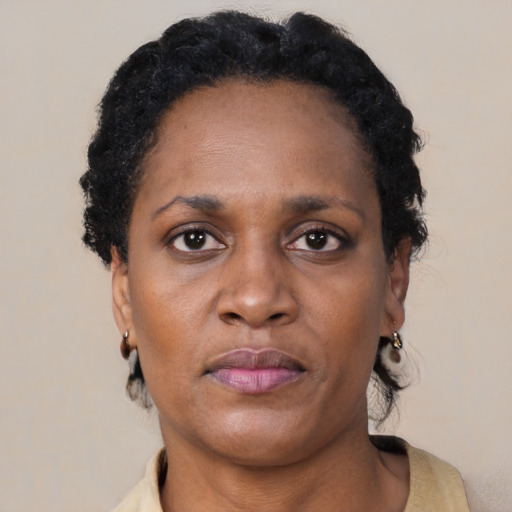 Neutral black adult female with short  brown hair and brown eyes