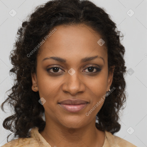 Joyful black young-adult female with medium  brown hair and brown eyes