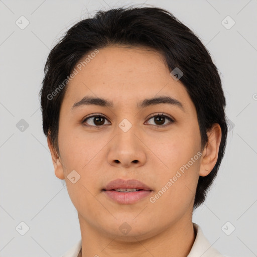 Neutral asian young-adult female with short  brown hair and brown eyes