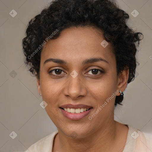 Joyful latino young-adult female with short  brown hair and brown eyes