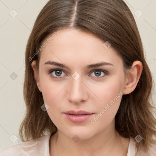 Neutral white young-adult female with medium  brown hair and brown eyes