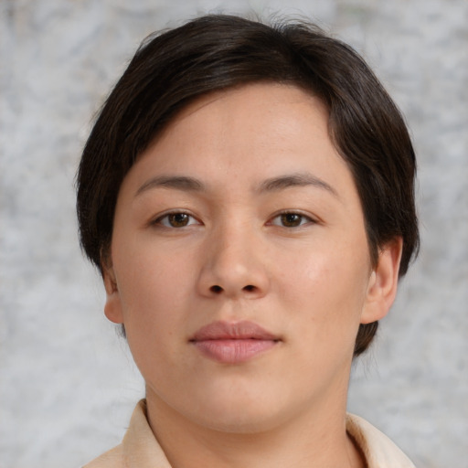 Neutral asian young-adult female with short  brown hair and brown eyes