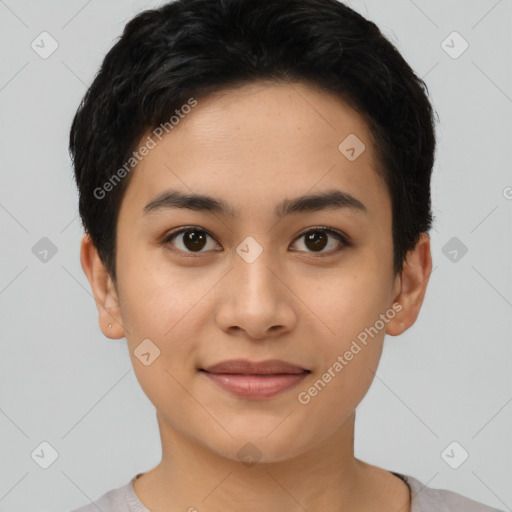 Joyful asian young-adult female with short  black hair and brown eyes