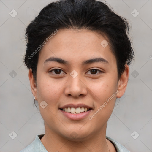 Joyful asian young-adult female with short  brown hair and brown eyes