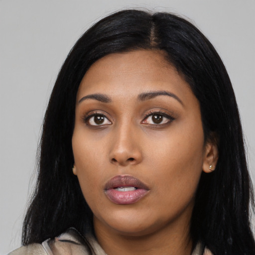 Neutral asian young-adult female with long  black hair and brown eyes