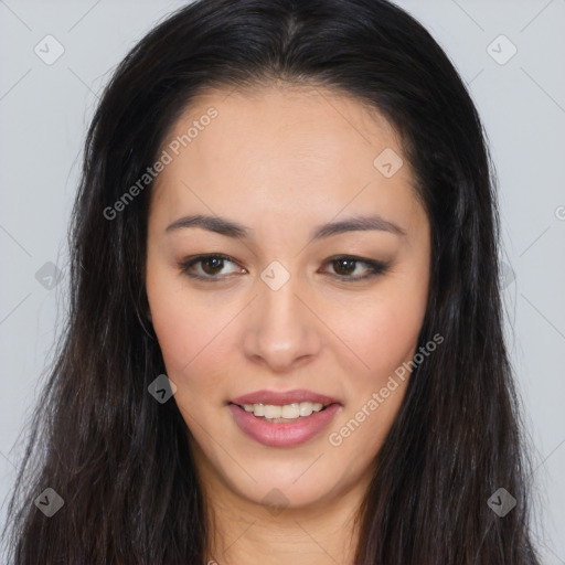 Joyful asian young-adult female with long  brown hair and brown eyes