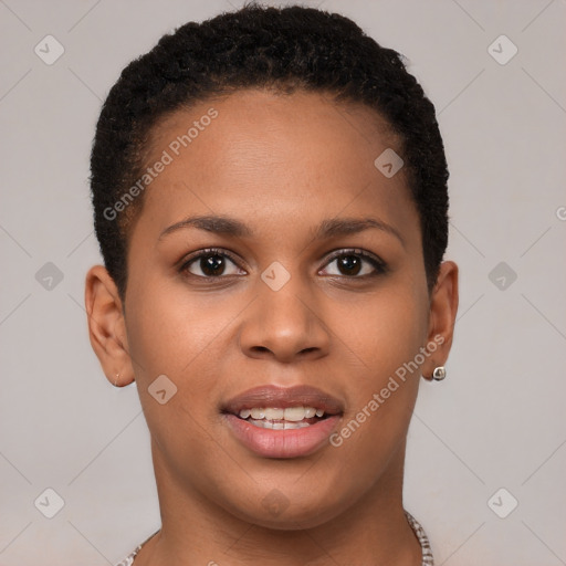 Joyful black young-adult female with short  brown hair and brown eyes