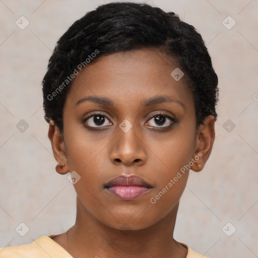 Neutral black young-adult female with short  black hair and brown eyes