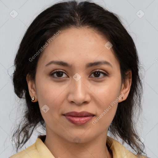 Joyful white young-adult female with long  brown hair and brown eyes