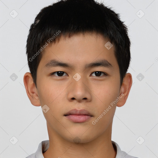 Neutral asian young-adult male with short  brown hair and brown eyes