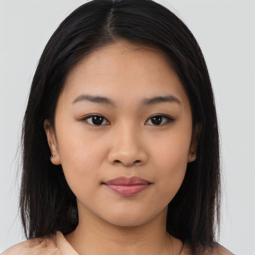 Neutral asian young-adult female with long  brown hair and brown eyes