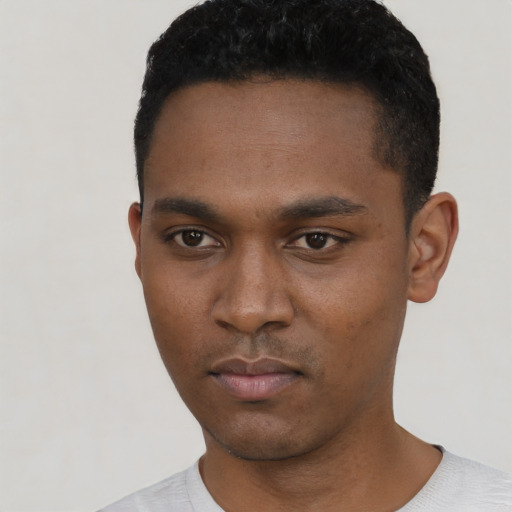 Neutral black young-adult male with short  black hair and brown eyes