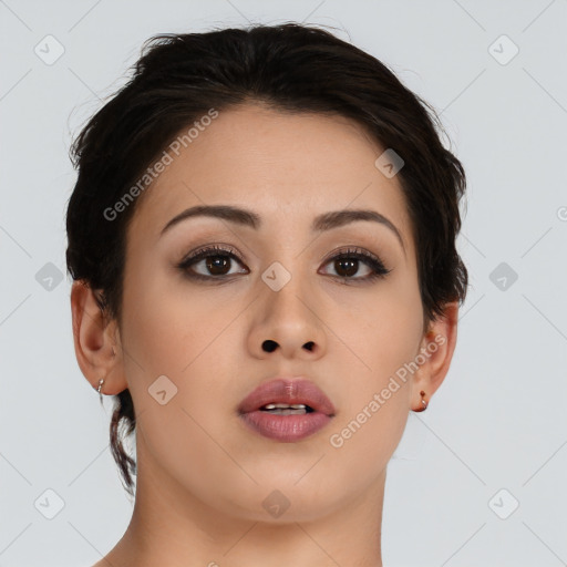 Neutral asian young-adult female with short  brown hair and brown eyes