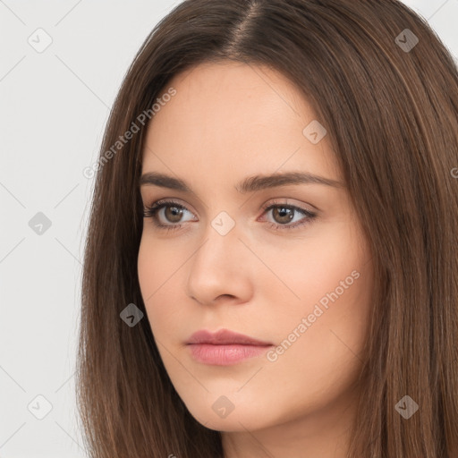 Neutral white young-adult female with long  brown hair and brown eyes