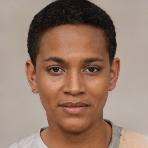 Joyful black young-adult male with short  black hair and brown eyes