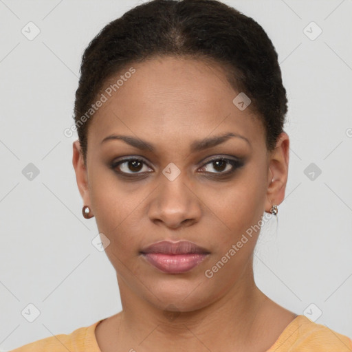 Joyful black young-adult female with short  brown hair and brown eyes