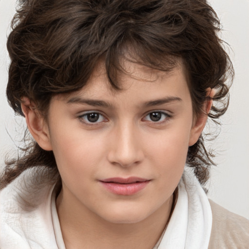 Joyful white child female with medium  brown hair and brown eyes