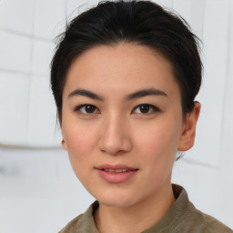 Joyful asian young-adult female with short  brown hair and brown eyes