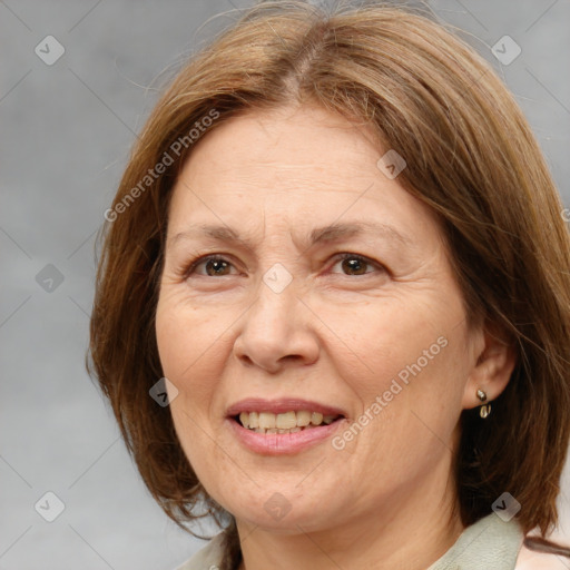 Joyful white adult female with medium  brown hair and brown eyes