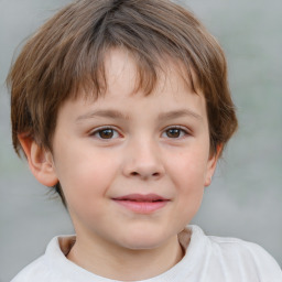 Joyful white child female with short  brown hair and brown eyes