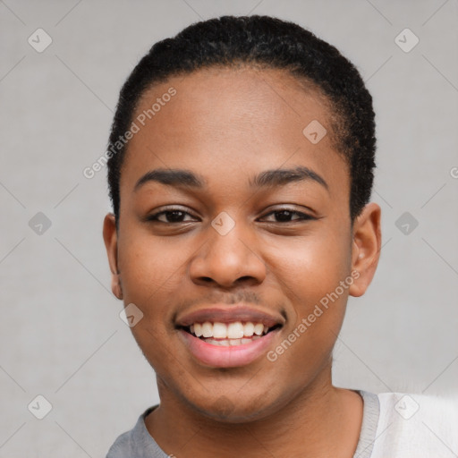 Joyful latino young-adult female with short  black hair and brown eyes