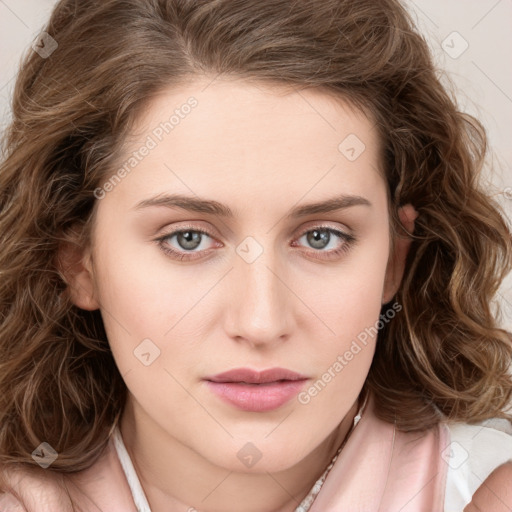 Joyful white young-adult female with medium  brown hair and green eyes