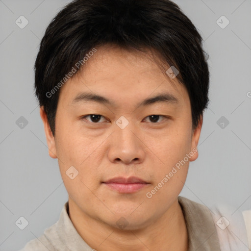 Neutral asian young-adult male with short  brown hair and brown eyes