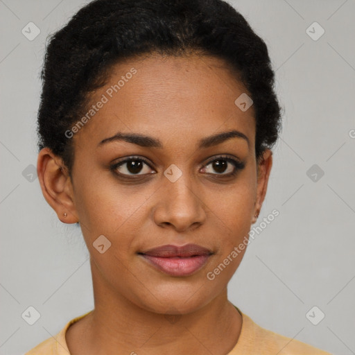 Joyful latino young-adult female with short  brown hair and brown eyes