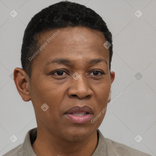Joyful black adult male with short  black hair and brown eyes